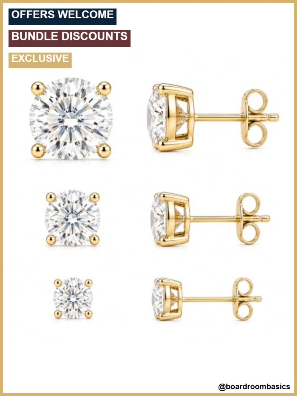 14K Gold Plated Stud Earrings Set 3 Sizes CZ Hypoallergenic